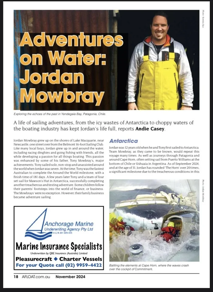 The opening page of the Afloat Magazine profile, Adventures on Water: Jordan Mowbray