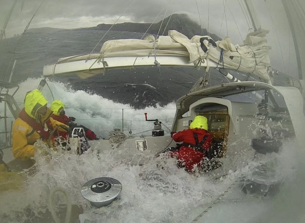 Green water breaking over the deck in huge seas off Cape Horn